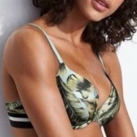 PINK VICTORIAS SECRET I Bra T-Shirt Lightly Lined Palm Tree Stripes 34C - Picture 2 of 15